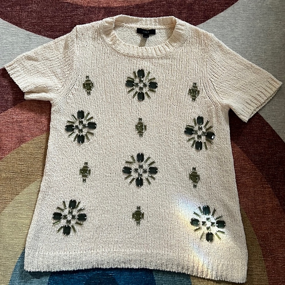 J Crew Jeweled Medallion Cream Linen Sweater